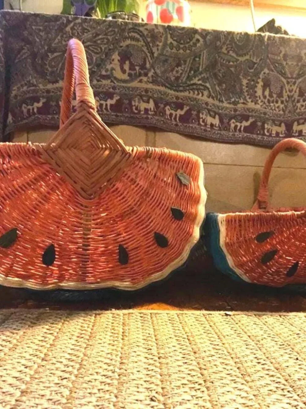 Whimsical vintage watermelon wicker basket- Small & Large